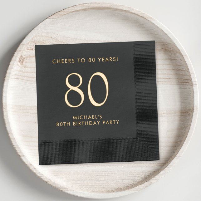 Elégant Homme 80e fête d'anniversaire (Elevate his 80th birthday party decor with these classic and elegant black and gold foil napkins)