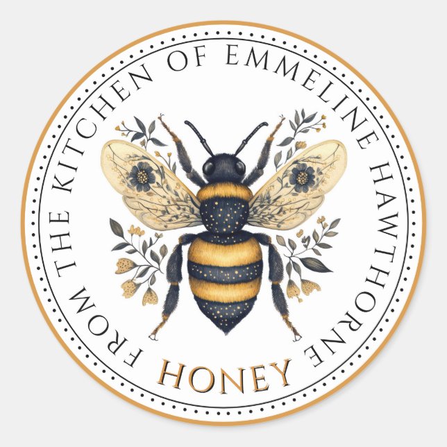 Elegant Honey Bee Floral Honey Label Runder Aufkleber (Vorderseite)