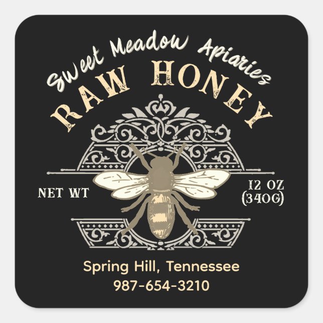 Elegant Honeybee auf French Filagrets Honey Black Quadratischer Aufkleber (Vorderseite)