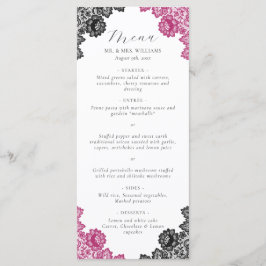 Elegant Hot Pink and Black Floral Lace Wedding Menükarte