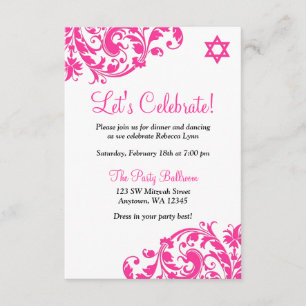 Elegant Hot Pink Blüh Bat Mitzvah Empfang Einladung