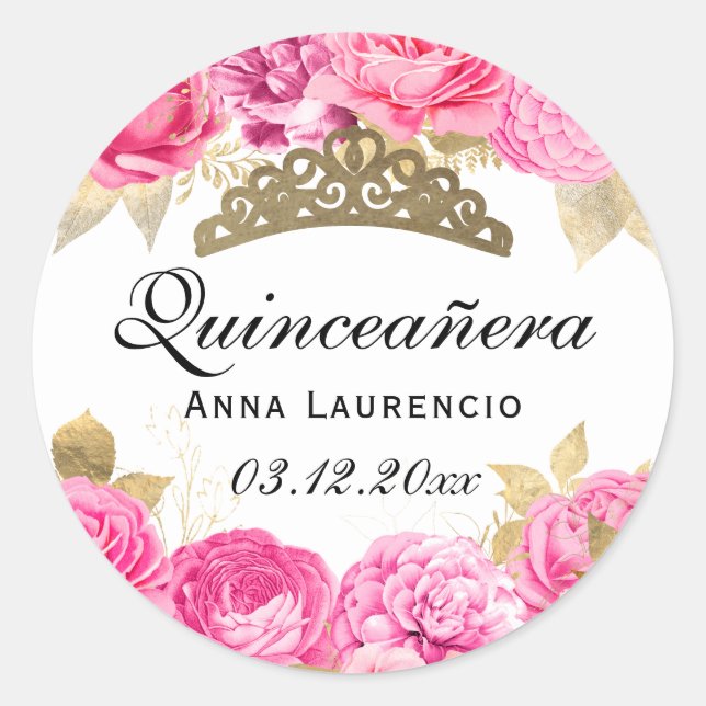 Elegant Hot Pink Floral Quinceanera Runder Aufkleber (Vorderseite)
