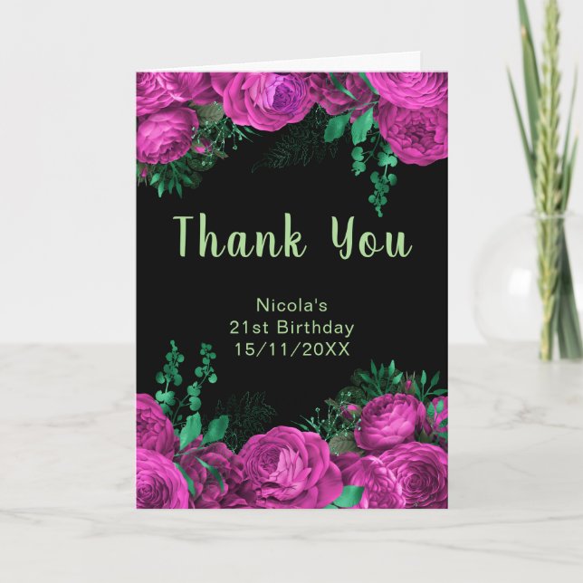 Elegant Hot Pink Flowers Birthday Party Dankeskarte (Vorderseite)