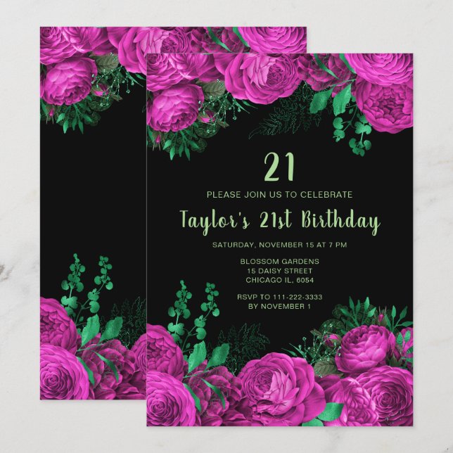 Elegant Hot Pink Flowers Birthday Party Einladung (Vorne/Hinten)