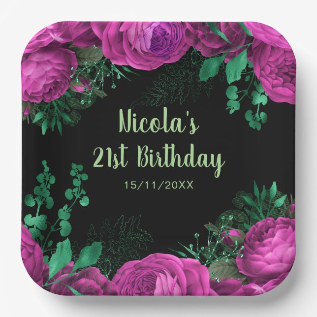 Elegant Hot Pink Flowers Birthday Party Pappteller (Vorderseite)