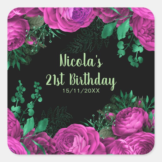Elegant Hot Pink Flowers Birthday Party Quadratischer Aufkleber (Vorderseite)