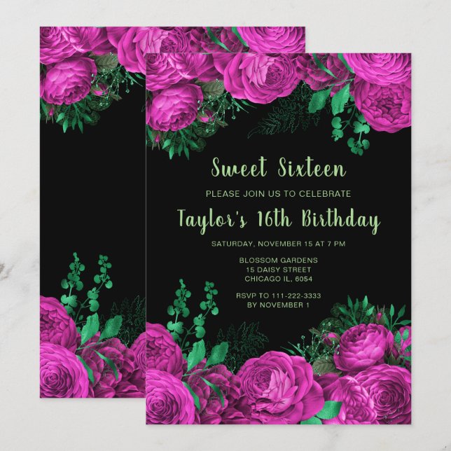 Elegant Hot Pink Flowers Sweet Sixteen Einladung (Vorne/Hinten)