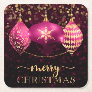 Elegant Hot Pink und Gold Bauble Frohe Weihnachten Rechteckiger Pappuntersetzer