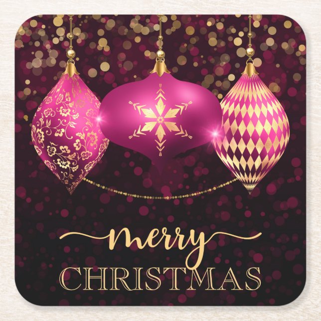 Elegant Hot Pink und Gold Bauble Frohe Weihnachten Rechteckiger Pappuntersetzer (Vorderseite)