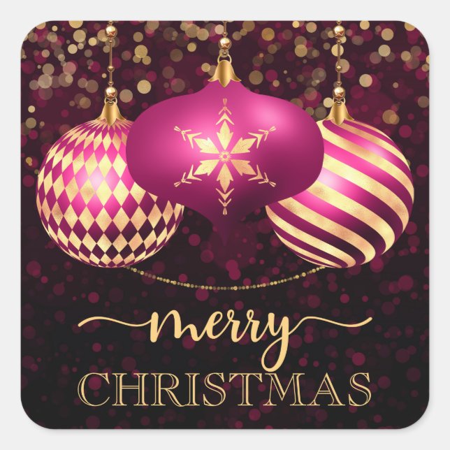Elegant Hot Pink und Gold Baubles Frohe Weihnachte Quadratischer Aufkleber (Vorderseite)