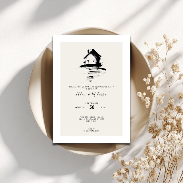 Elegant Housewarming Invitation - Hand Drawn House Einladung (Minimal housewarming invitation with a hand drawn house.)