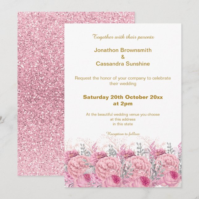 ELEGANT HÜBSCH PINK FLORAL GLITZER WEDD EINLADUNG (Vorne/Hinten)
