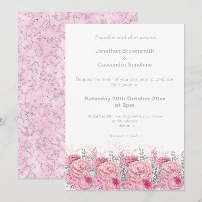 ELEGANT HÜBSCH PINK FLORAL MARBLE GLITZER WEDD EINLADUNG (Vorne/Hinten)