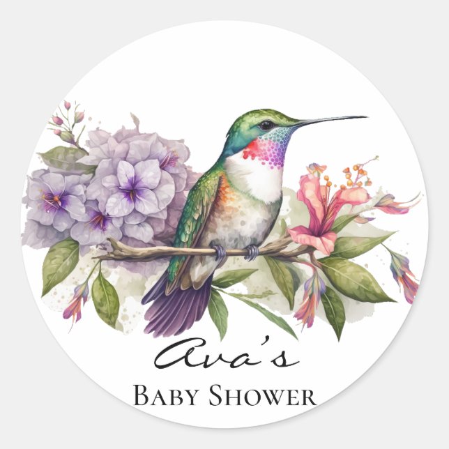 Elegant Hummingbird Lila Floral Girl Baby Shower Runder Aufkleber (Vorderseite)