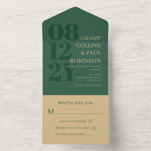 Elegant Hunter Green & Tan Typografy Wedding All In One Einladung