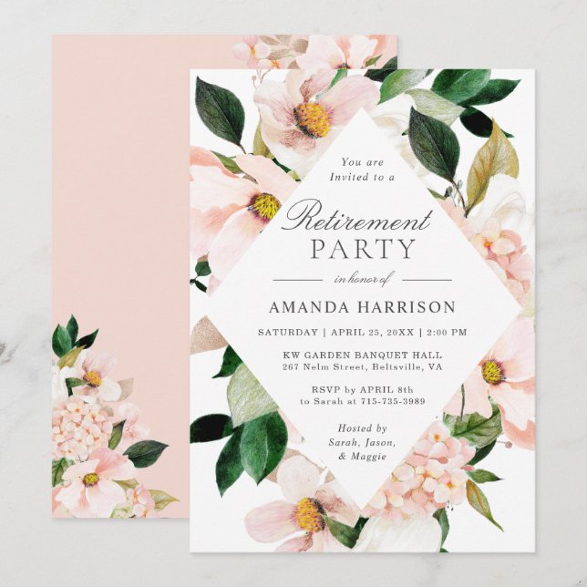 Elegant Hydrangea Blush Floral Retirement Party Einladung (Vorne/Hinten)