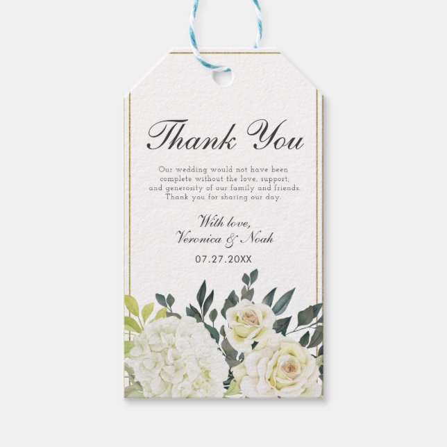 Elegant Hydrangea White Rose Wedding Blumenrahmen Geschenkanhänger (Vorderseite)