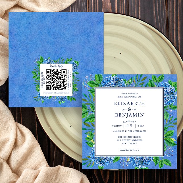 Elegant Hydrangeas Hochzeitsempfang mit QR-Code Einladung (Front / Back)