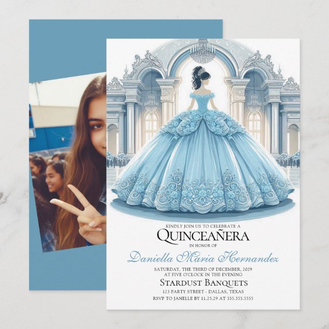 Elégant Ice Blue Quinceañera Invitation (Devant / Derrière)