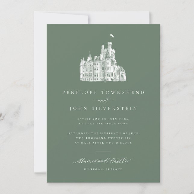 Elegant Illustration Sage Green Castle Wedding Einladung (Vorderseite)