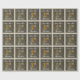 Elegant, Imitat Holz, Imitate Gold 1. Geburtstag + Geschenkpapier