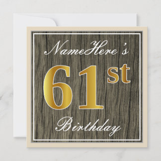 Elegant, Imitat Holz, Imitate Gold 61. Geburtstag  Einladung
