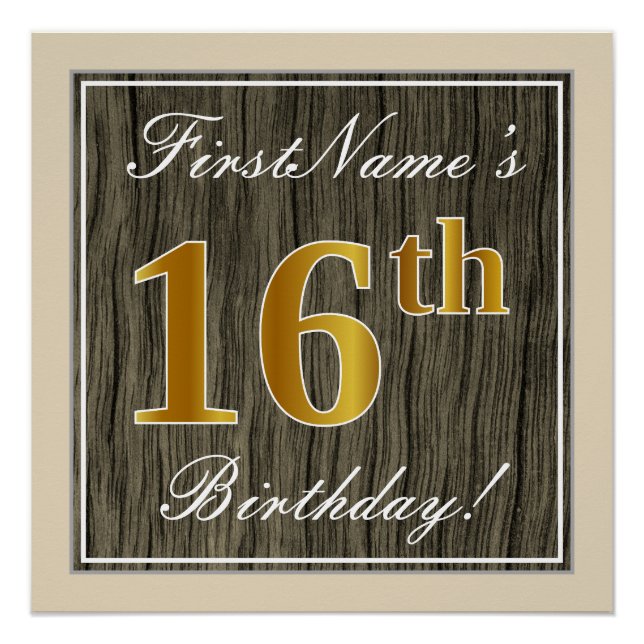 Elegant, Imitate Holz, Imitate Gold 16. Geburtstag Poster (Vorderseite)