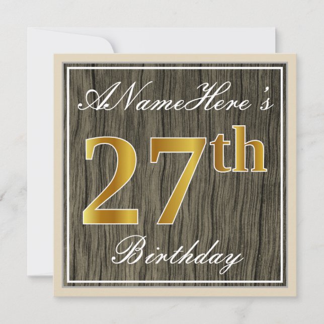 Elegant, Imitate Holz, Imitate Gold 27. Geburtstag Einladung (Vorderseite)
