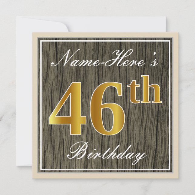 Elegant, Imitate Holz, Imitate Gold 46. Geburtstag Einladung (Vorderseite)