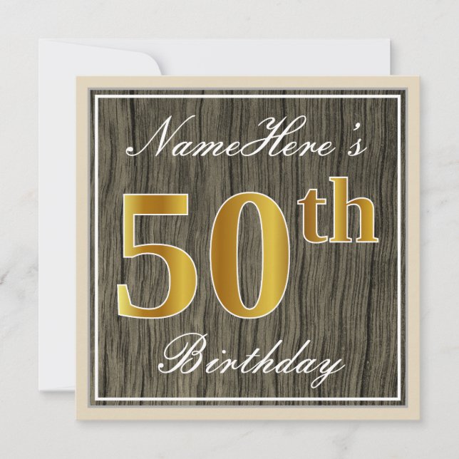 Elegant, Imitate Holz, Imitate Gold 50. Geburtstag Einladung (Vorderseite)