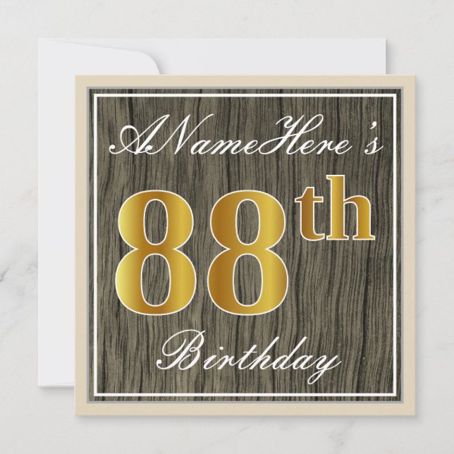 Elegant, Imitate Holz, Imitate Gold 88. Geburtstag Einladung (Vorderseite)
