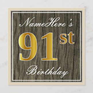 Elegant, Imitate Holz, Imitate Gold 91. Geburtstag Einladung