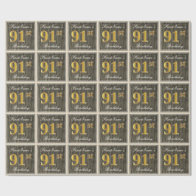 Elegant, Imitate Holz, Imitate Gold 91. Geburtstag Geschenkpapier (Flach)