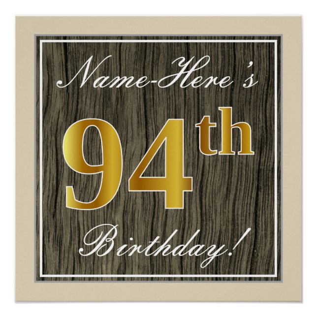 Elegant, Imitate Holz, Imitate Gold 94. Geburtstag Poster (Vorderseite)