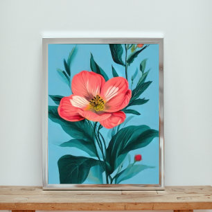 Elegant in Bloom: Rosa Blume auf blau Fotodruck