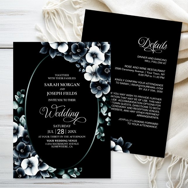 Elegant in einer Schwarz-Weiß-Blumenhochzeit Einladung (Von Creator hochgeladen)