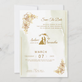 Elegant in Elfenbein, Gold und Grüne Hochzeit Einl Einladung