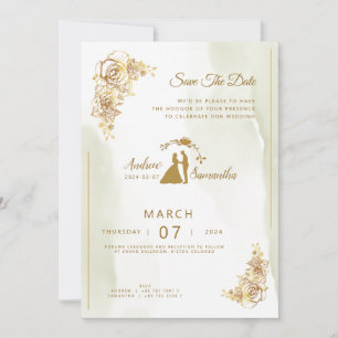 Elegant in Elfenbein, Gold und Grüne Hochzeit Einl Einladung
