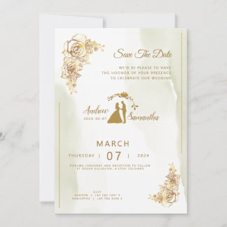 Elegant in Elfenbein, Gold und Grüne Hochzeit Einl Einladung