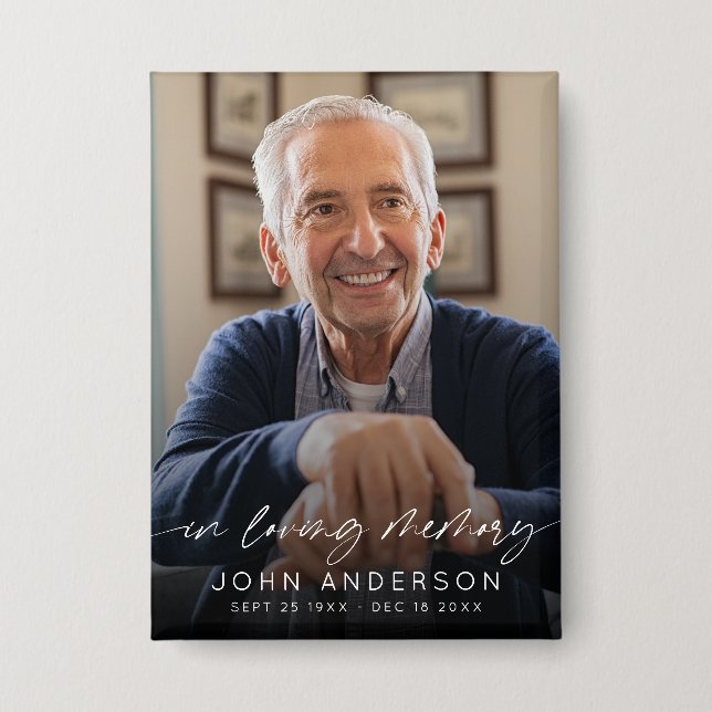Elegant In Loving Memory Script Photo Funeral  Button (Vorderseite)