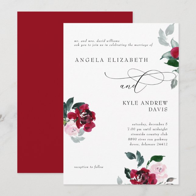 Elegant in Red Bride Eltern Hochzeit Einladung (Vorne/Hinten)