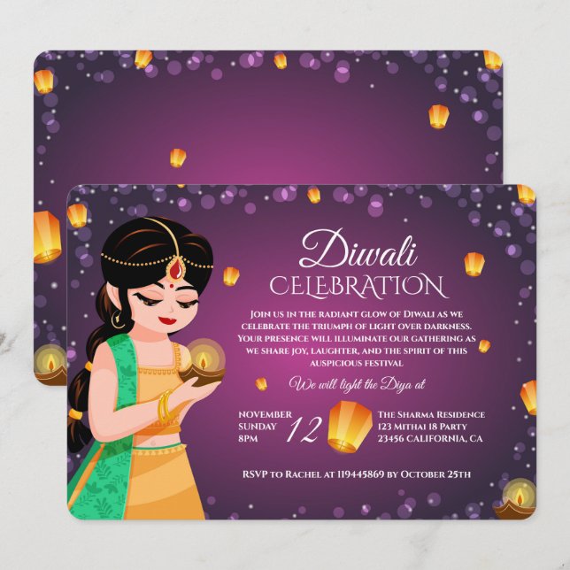 Elegant Indian Girl Floating Lantern Purple Diwali Einladung (Vorne/Hinten)
