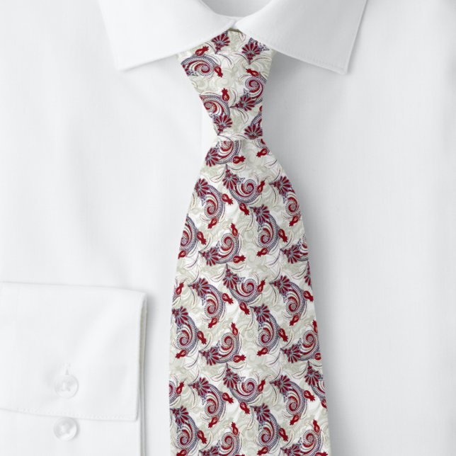 Élégant Indien Paisley Grey Cerry Rouge | CRAVATE (Créateur téléchargé)