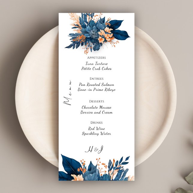 Elegant Indigo Rust Floral Boho Wedding Menükarte (Elegant Indigo Rust Floral Boho Wedding Menu)