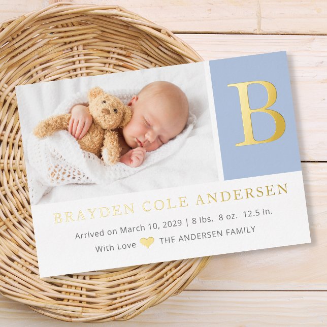 Elegant Initial monogram Photo baby Announcement Folieneinladung (Von Creator hochgeladen)