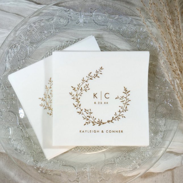 Elegant Initials Botanical Gold Classy Wedding (Personalized wedding napkins - foil stamped with monogram and names in gold, silver or rose gold.)