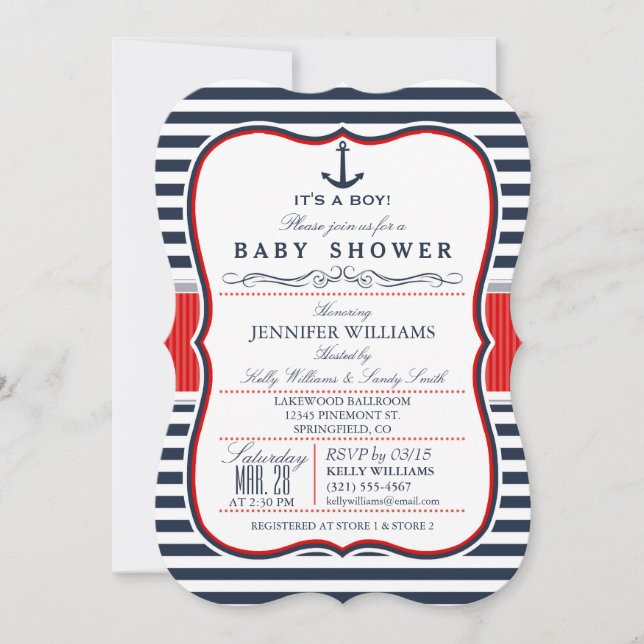 Élégant Invitation Baby shower nautique; Marine et (Devant)