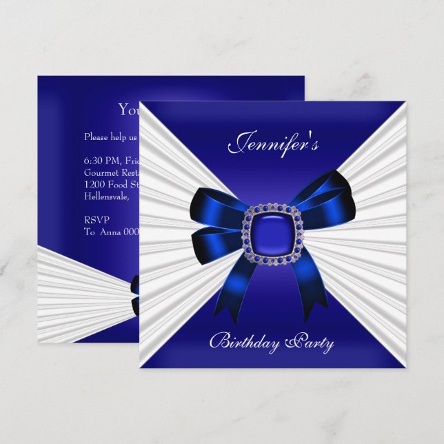 Elégant Invitation d'anniversaire Royal Blue Jewel (Devant / Derrière)