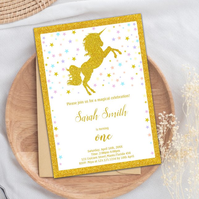 Élégant Invitation de la Fête Magique avec détails (Golden Unicorn Birthday Invitations)
