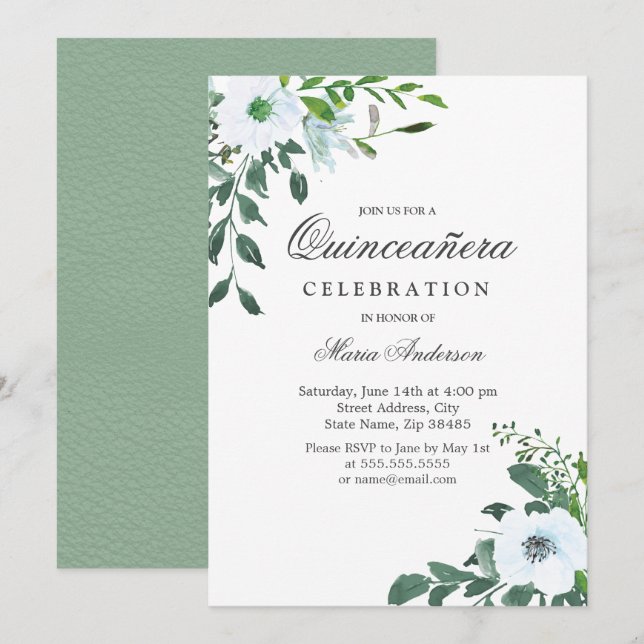 Élégant Invitation de la Quinceanera Fleur Blanche (Devant / Derrière)
